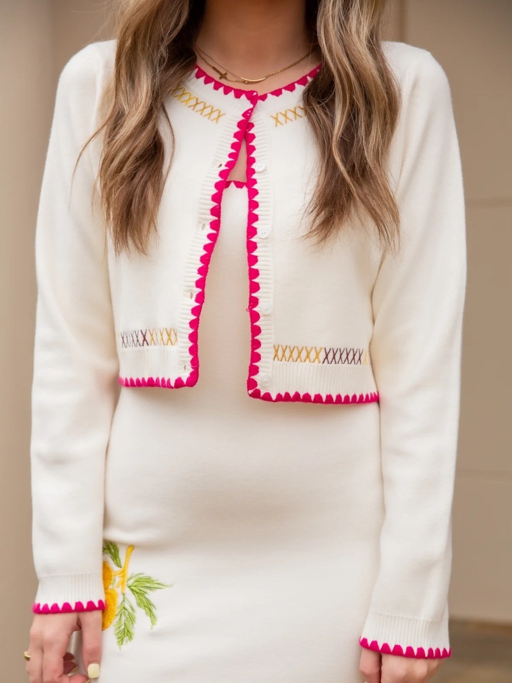 NWT Able Embroidered Cardigan with Hot Pink Scalloped Trim Size Large